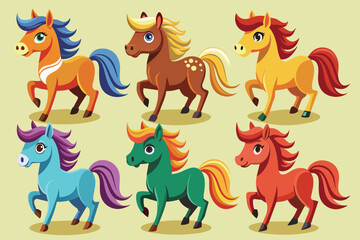 Six Colorful Cartoon Horses in Various Poses