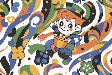 A cartoon illustration of a young boy dressed in a blue and white striped shirt, green pants, and a green hat. He's carrying a yellow bucket and is smiling. 