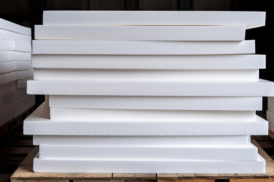 Stacks of white extruded polystyrene sheets insulative material for buildings in warehouse