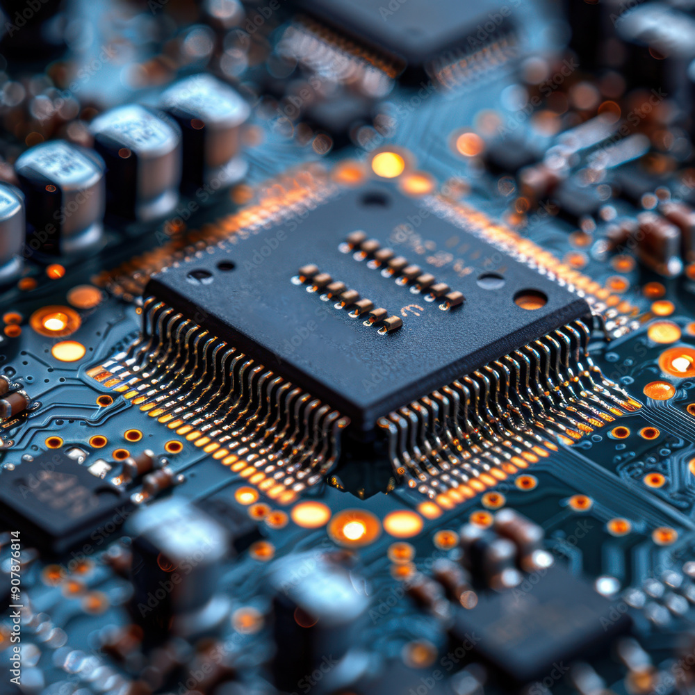 Poster close-up of an electronic microchip on a circuit board with glowing components. detailed and intrica