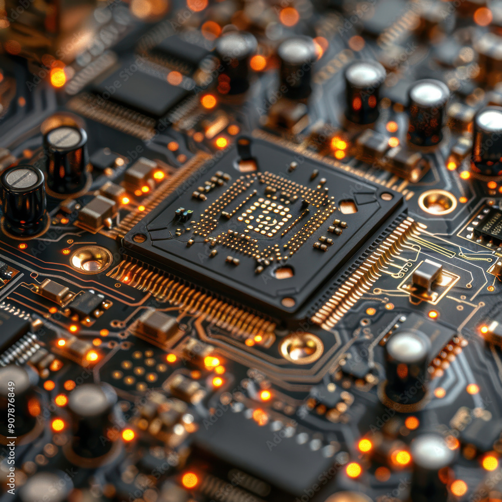 Poster close-up of a circuit board with illuminated components, detailed and intricate design, highlighting