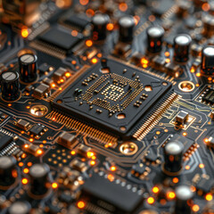 Close-up of a circuit board with illuminated components, detailed and intricate design, highlighting modern technology, electronic innovation