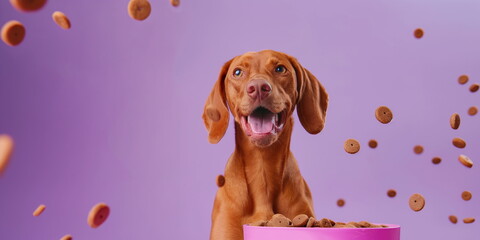 Happy vizsla dog enjoying treat time. Concept banner or pet food packaging with copy space