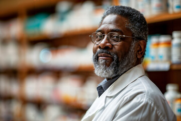 Fototapeta premium Confident African American pharmacist in a white coat standing in a pharmacy with shelves of medicine