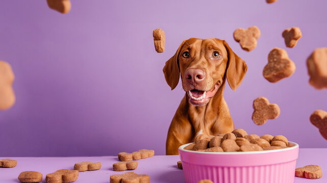 Happy vizsla dog enjoying treat time. Concept banner or pet food packaging with copy space	
