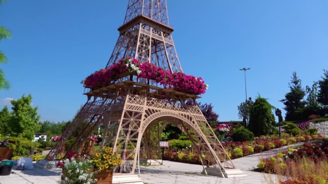 KLODZKO, POLAND - JUNE 14 2019: Minieuroland Miniature Theme Park is popular tourist attraction found. Eiffel Tower is wrought-iron lattice tower on Champ de Mars in Paris, France on small scale.