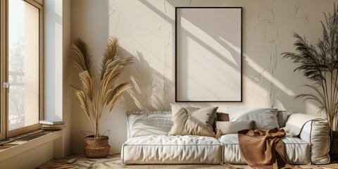 Elegant Advertising Mockup: a Blank 3:4 Poster Frame Hanging on a Wall, with Windows, Furniture, and Soft Lighting, advertising photography, Graphic Resources, Brochure, banner, promotion, 