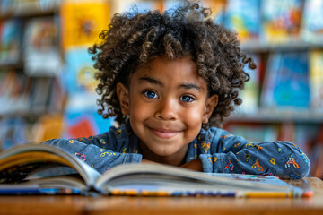 Smiling young boy with curly hair enjoying a book in a colorful classroom setting