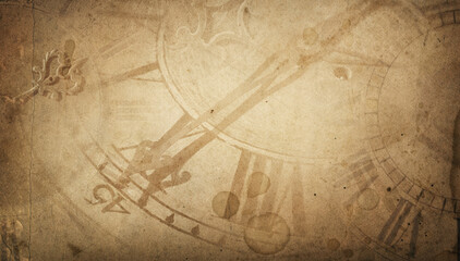 Fototapeta premium Old clock dials and hour hand on vintage brown paper background. Retro watch background. Concept on time, history topics.