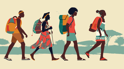 Four individuals carrying backpacks walking across savannah. Different ethnic origins featuring vibrant attire gear. Landscape suggests adventurous journey outdoor exploration