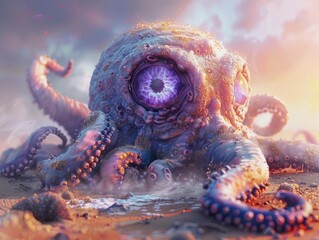 Medium shot of One eye cartoon creature with spiral-shaped purple pupil and tentacles.  