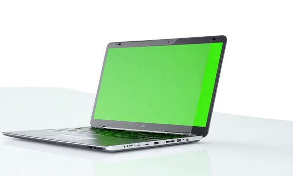 Laptop with Green Screen on a White Table