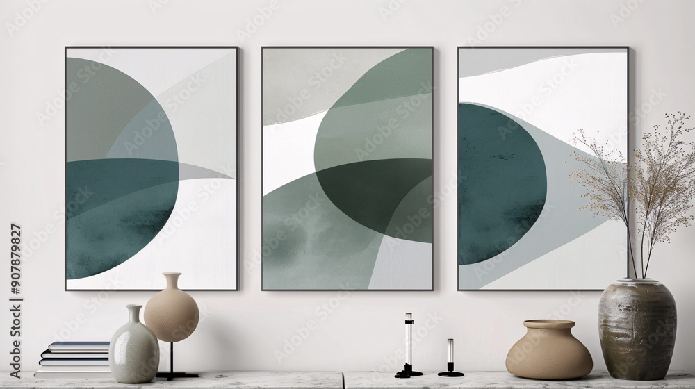Poster a set of three interconnected abstract posters with a continuous minimalistic image, displayed on a 