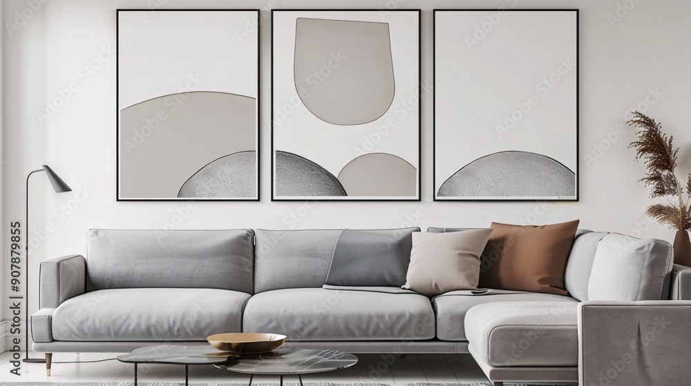 Fototapete a trio of minimalistic abstract posters with a continuous image, seamlessly connected on a pristine 