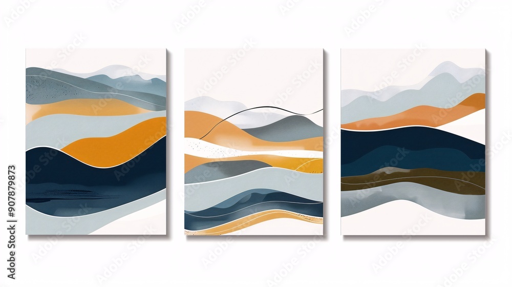 Poster a set of three contemporary abstract art posters featuring a continuous minimalistic pattern, elegan