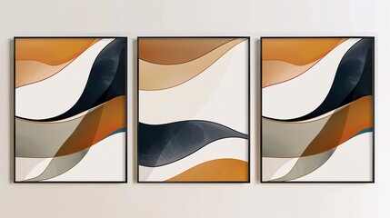A trio of minimalistic abstract posters with a continuous image, seamlessly connected on a pristine white background for a cohesive decor