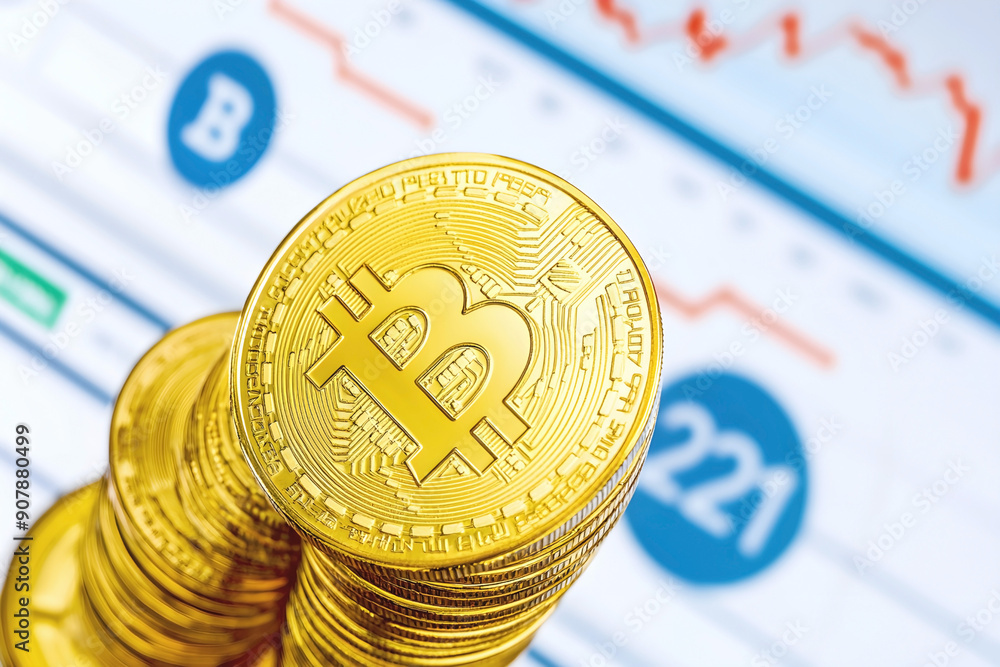 Poster stack of golden bitcoin coins with financial charts in the background