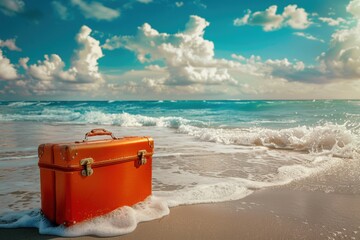 Suitcase at The Tropical Beach. Summer vacation. Copy space.