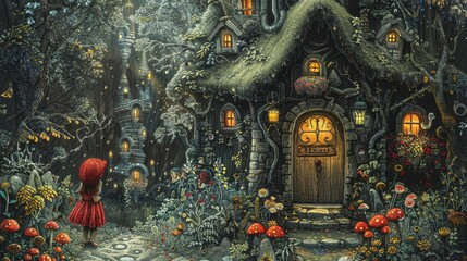 Fototapeta premium A whimsical pencil-colored illustration of a young girl discovering a magical doorway in her garden, leading to a fantastical world filled with enchanted creatures and vibrant colors.
