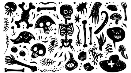 Bones and skull vintage doodle linocut cute set, separated black vector logo elements on transparent background