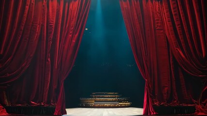 Dramatic reveal: red theater curtains part to unveil golden stage steps