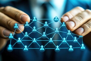 The Architect of Connections: A businessman crafts a glowing network of interconnected people, symbolizing the power of relationships in the digital age.