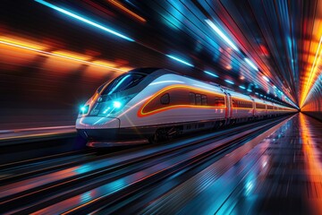 Fototapeta premium High-speed train zooming through a brightly lit tunnel, showcasing motion and technology in vivid colors at night.
