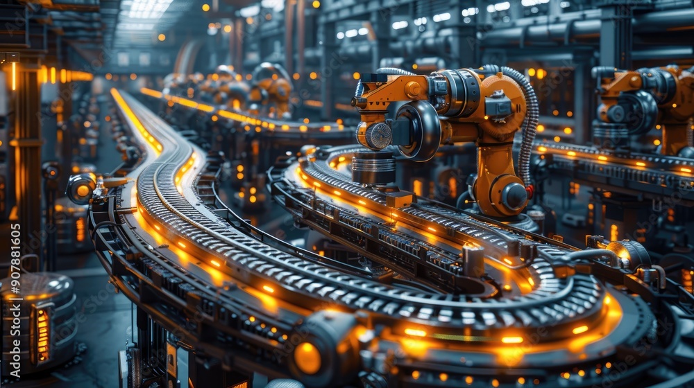 Poster modern automated factory with robotic arms and advanced machinery on a production line, illustrating