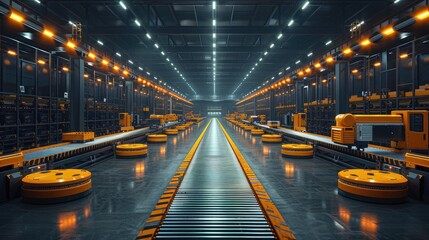 Modern automated warehouse with advanced robotics and conveyor systems efficiently managing storage and logistics in a large industrial facility.