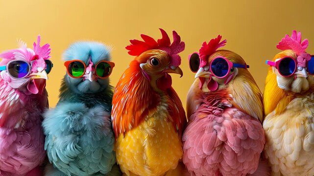 Vibrant chickens in sunglasses and accessories pose in a fun group shot