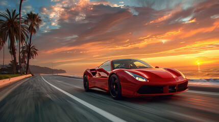 Sleek red sports car driving on a coastal road lined with palm trees during a vibrant sunset, showcasing speed and elegance