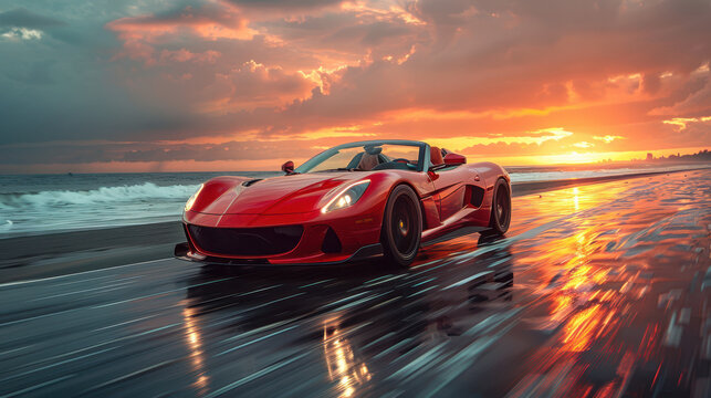 A sleek red sports car drives along a beach at sunset. The sky is vibrant with dramatic clouds. The wet sand reflects the car and the sky, creating a dynamic scene of speed and freedom