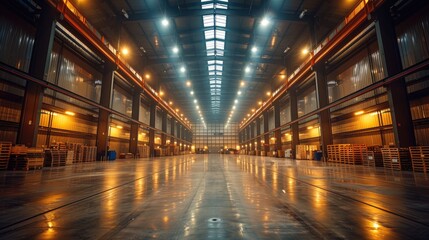 Obraz premium Spacious, well-lit industrial warehouse with high ceiling and large windows resembling futuristic architectural interior.