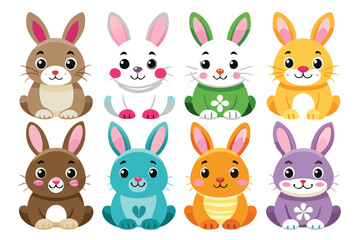 Naklejka premium Nine Cartoon Bunnies with Various Colors and Expressions