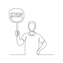 Man holding stop sign continuous outline vector isolated on white background.