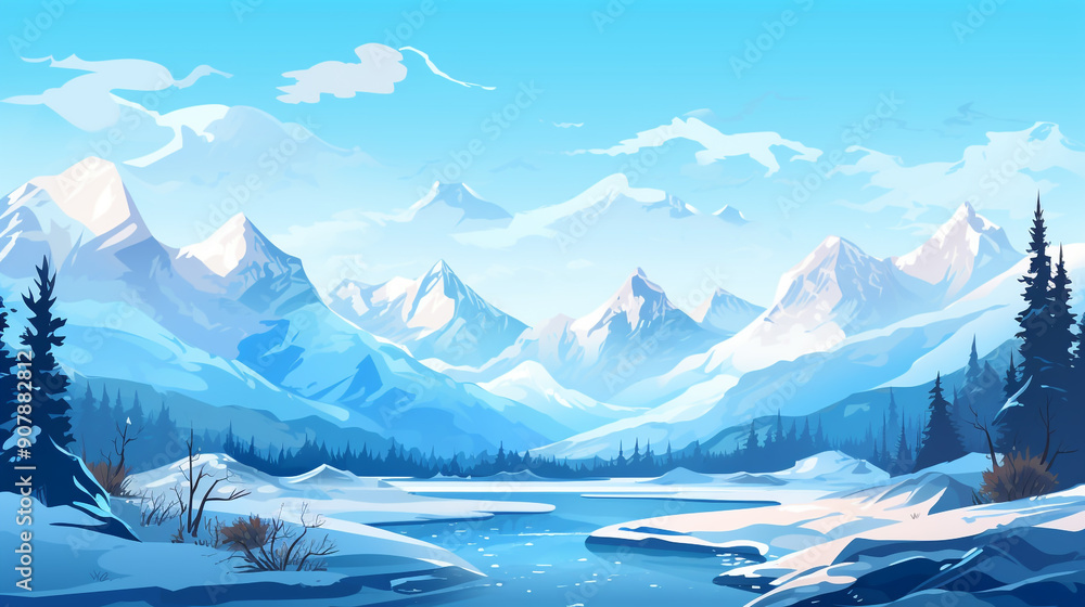 Wall mural a view of the glacier and the river with the snow-capped mountains in the background. 2d flat illust