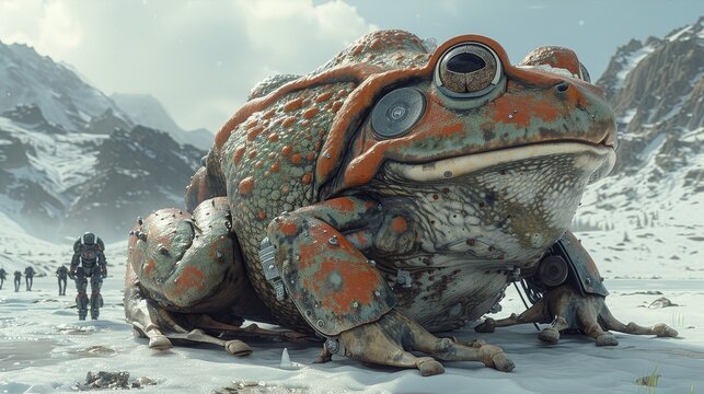 Giant Robotic Frog in a Snowy Landscape