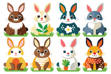 Naklejka premium Eight Adorable Cartoon Bunnies Sitting in Grass