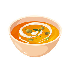 Vector illustration of yummy pumpkin creamy soup in bowl isolated on white background.