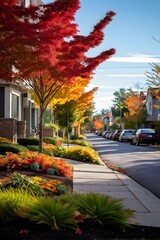Fototapeta premium a serene suburban street featuring modern homes in autumn with colorful plants