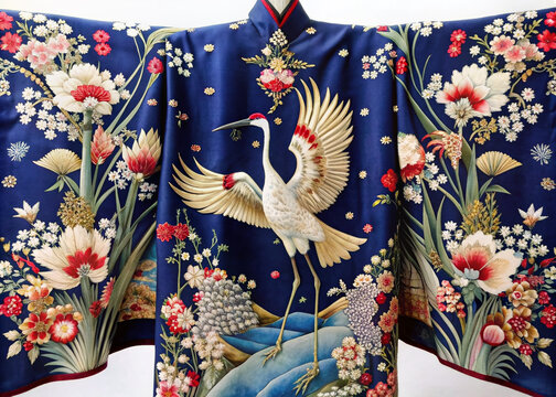 Exquisite Japanese silk kimono with vibrant cherry blossom and majestic crane motifs intricately embroidered on a rich, deep indigo background, evoking serene elegance.