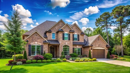 Modern suburban house with brick facade and lush green lawn, set amidst tall trees under a bright blue Texas sky with few white clouds.