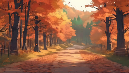 anime cartoon forest road fall autumn changing leaves foliage orange background wallpaper room for copy