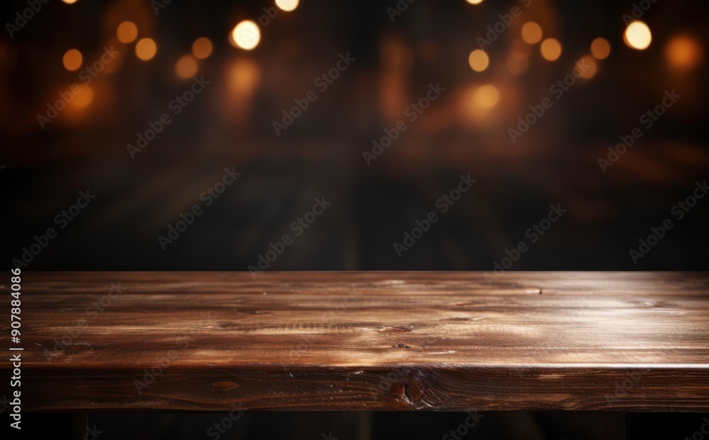 Poster wooden table with dark blurred bokeh light background reflection floor