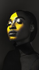 A young woman with dark skin and braided hair looks up with her eyes closed in a dramatic black and yellow portrait.
