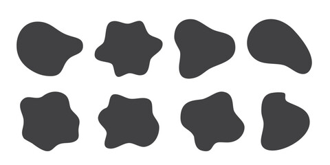 Organic blob irregular round abstract shapes vector set. Black liquid circle random amoebas isolated on white background. Fluid bobble blotch forms, deform drops, grey smooth pebbles.