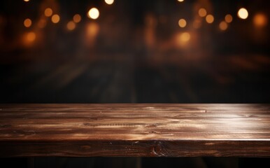 Wooden table with dark blurred bokeh light background reflection floor