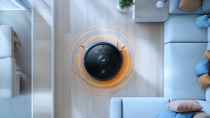 Top view of a vacuum cleaner robot mapping out a room, showing its sensors and pathways