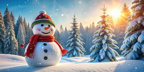 Fototapeta premium A joyful snowman with a bright red scarf and carrot nose stands tall in a peaceful winter landscape surrounded by snow-covered trees and evergreen branches.
