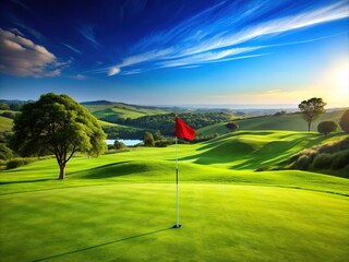 Obraz premium Serene golf course landscape featuring a lush green fairway, rolling hills, and a bright red flag marking the hole, set against a clear blue sky.